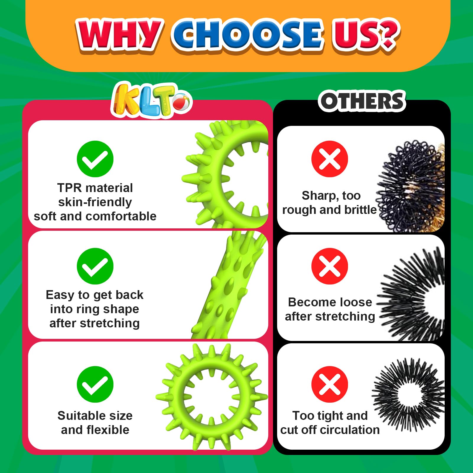 KLT textured silicone rings emphasize durability and easy cleaning for daily use.