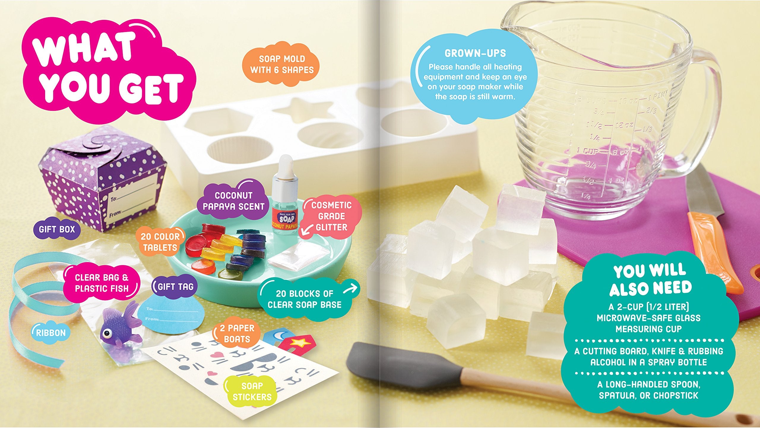Klutz 36-page instruction book guides easy projects and sparks curiosity about soap science.