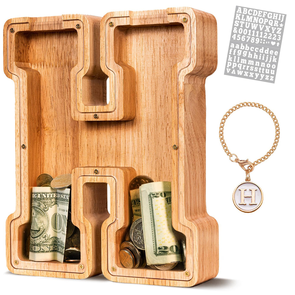 KMC wooden letter piggy bank front view with personalized initial storage for kids