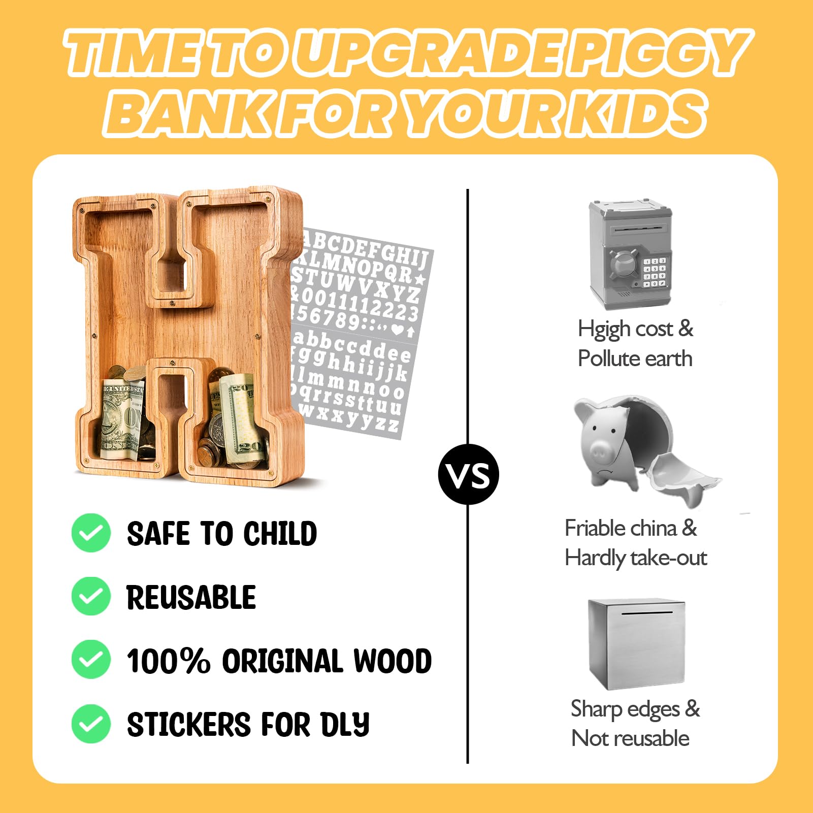 KMC wooden letter piggy bank gift packaging ready for birthdays and celebrations