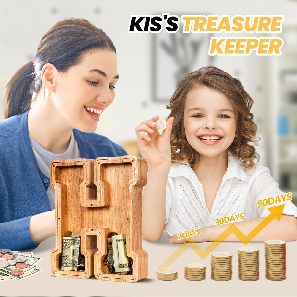 KMC wooden letter piggy bank with plexiglass panel to watch savings grow