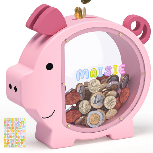 KMC wooden piggy bank pink front view, cute kid friendly design