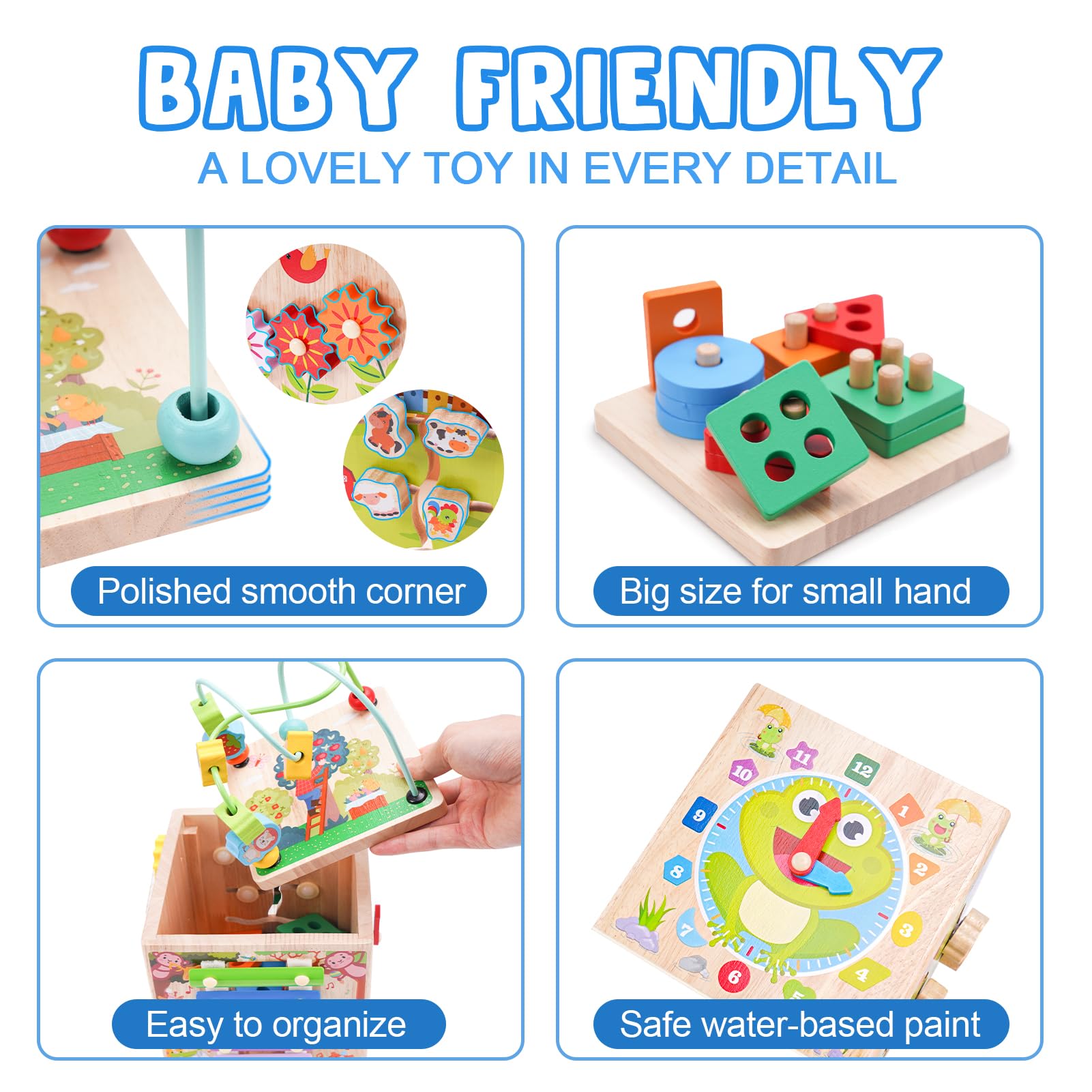 KMTJT Wooden Activity Cube learning clock supports early time-telling recognition.