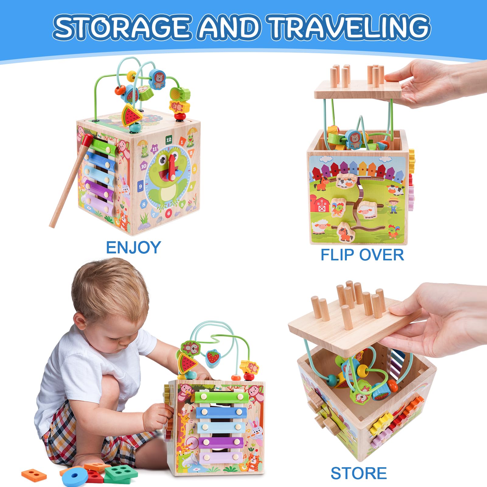 KMTJT Wooden Activity Cube rotating gears stimulate cause-and-effect understanding.