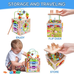 KMTJT Wooden Activity Cube rotating gears stimulate cause-and-effect understanding.