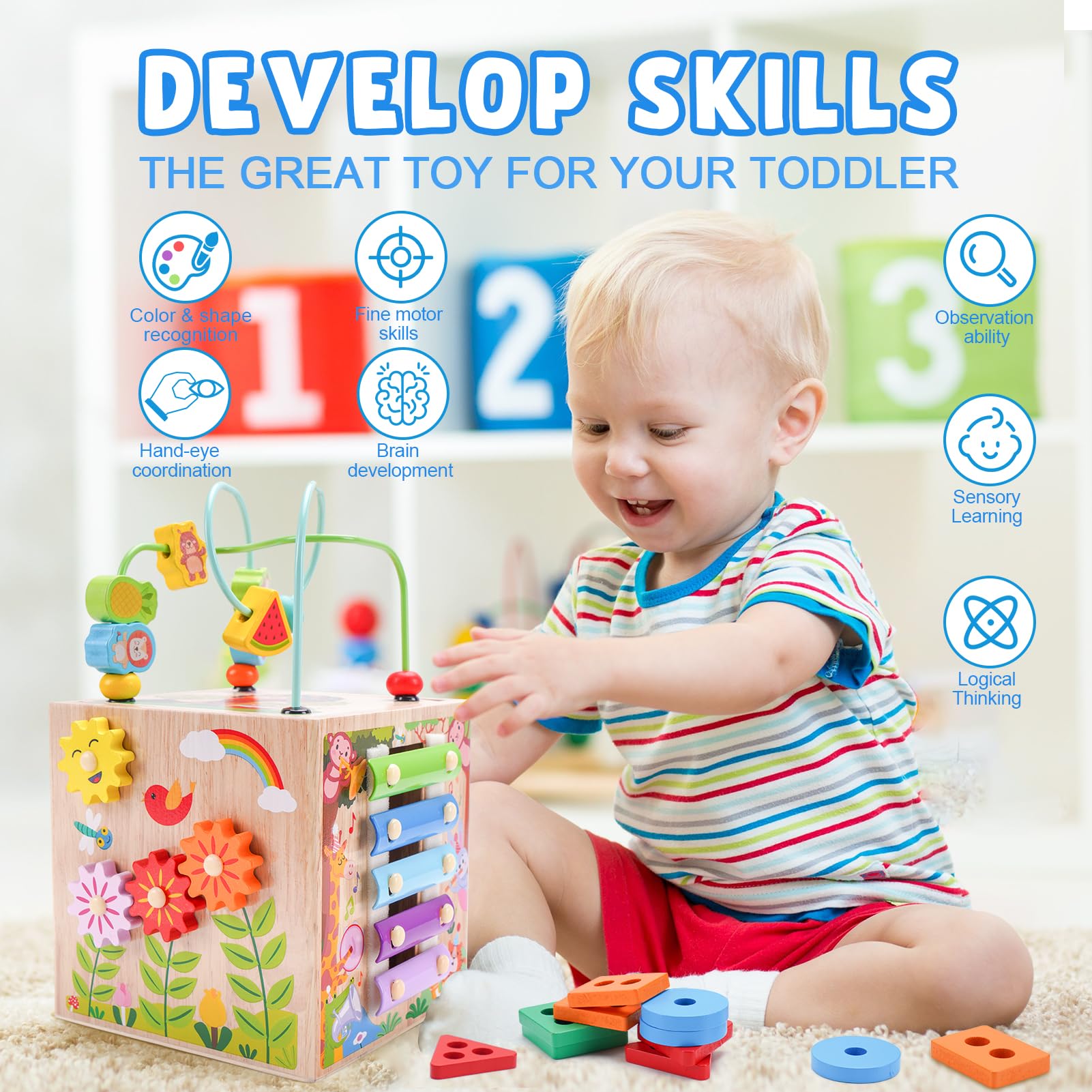 KMTJT Wooden Activity Cube shape sorter develops problem solving and fine motor skills.