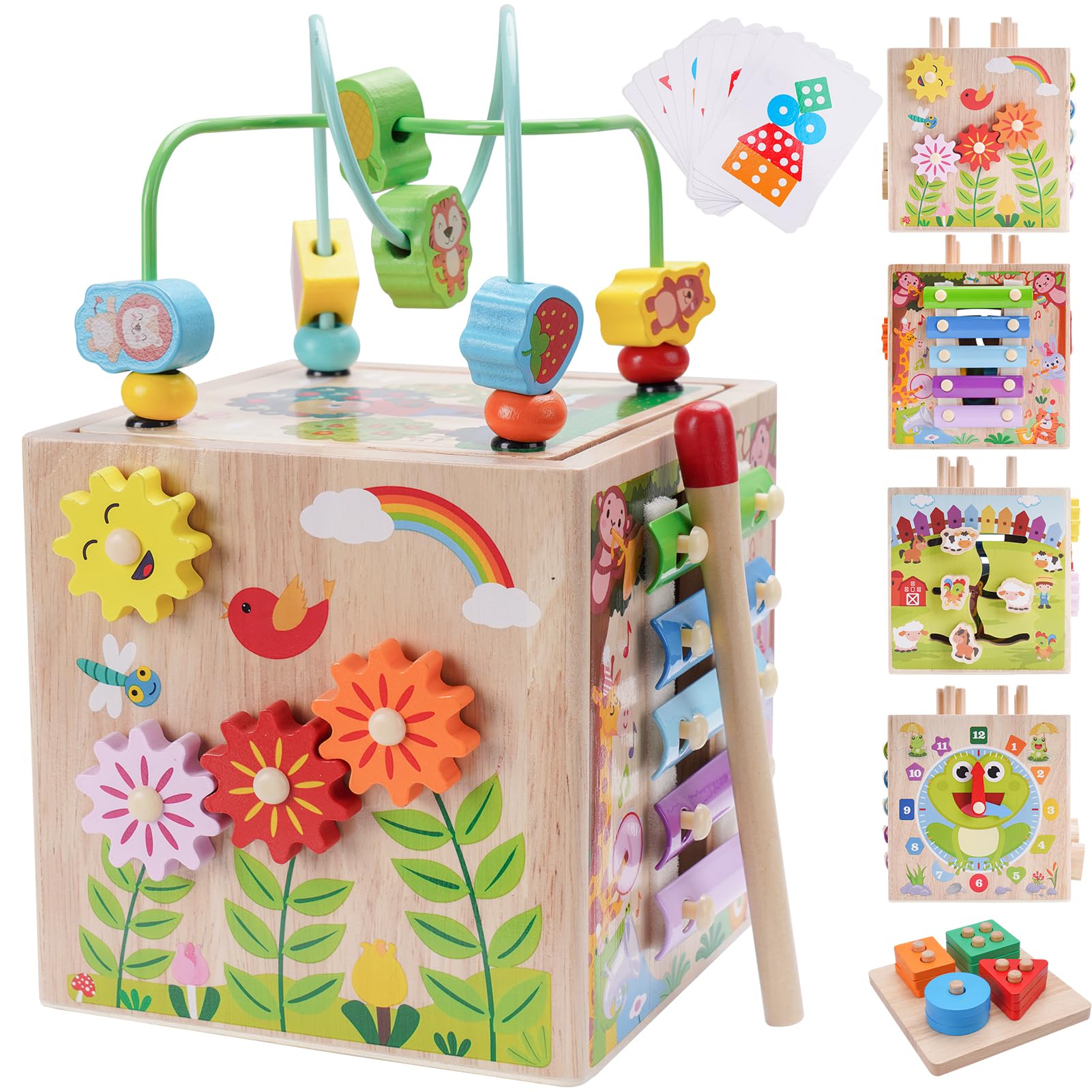KMTJT Wooden Activity Cube top bead maze enhances hand-eye coordination.