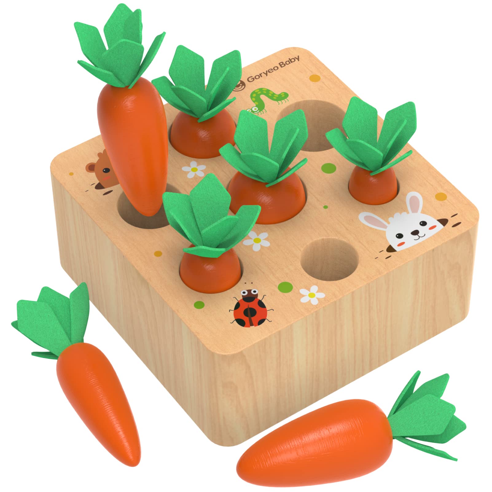 KMTJT carrot harvest game closeup showing safe, colorful wooden pieces for toddlers' play