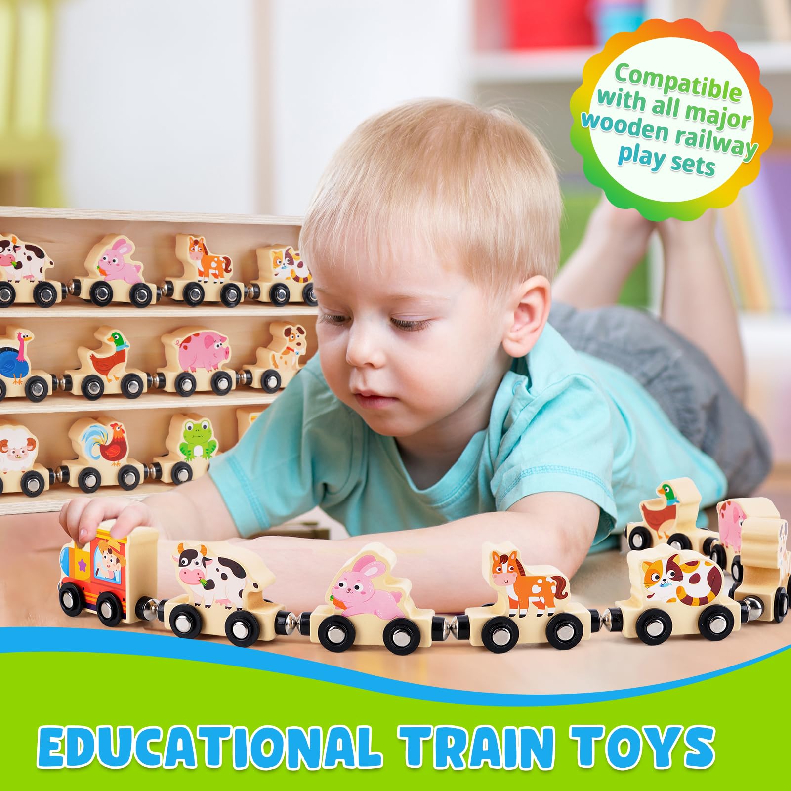 KMTJT train set is compatible with other wooden track systems for longer layouts.