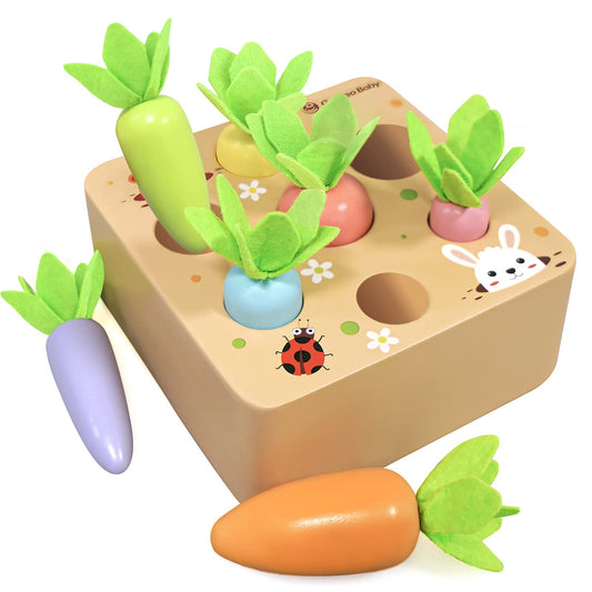 KMTJT Montessori wooden Macron carrot harvest game for toddlers, showcasing sorting and stacking play ideas.