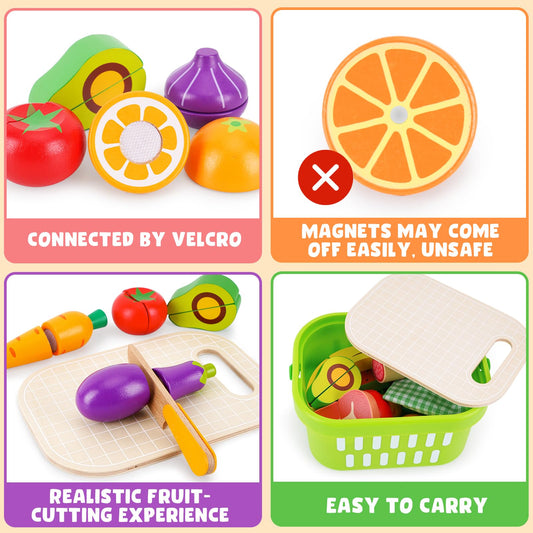 KMTJT velcro fruits closeup showing easy piece assembly for pretend meals.