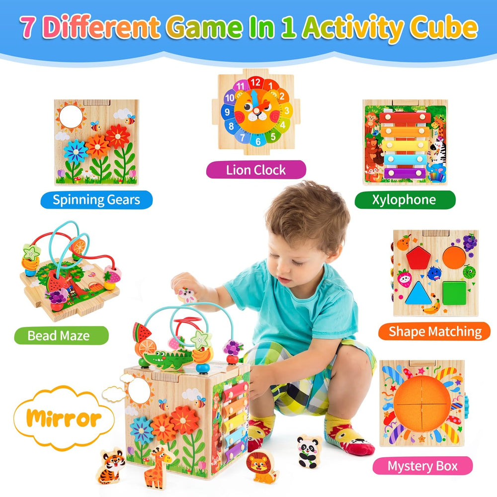 KMTJT wooden activity cube with baby xylophone encourages musical exploration and auditory awareness.