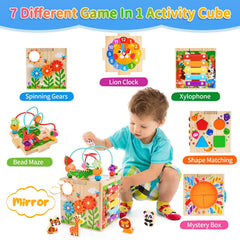 KMTJT wooden activity cube with baby xylophone encourages musical exploration and auditory awareness.