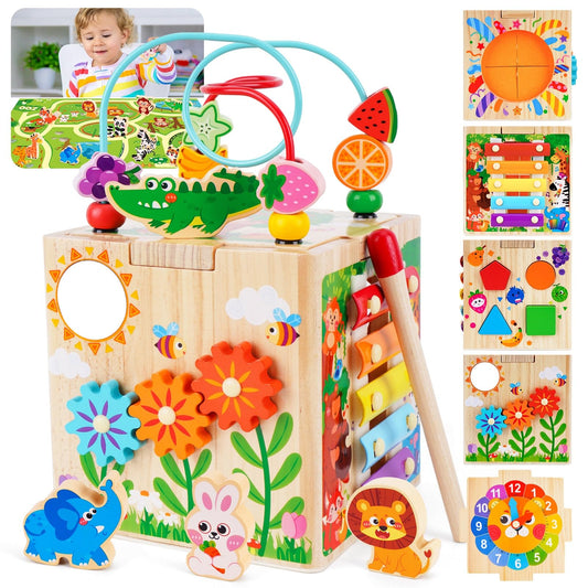 KMTJT wooden activity cube bead maze promotes fine motor exploration.