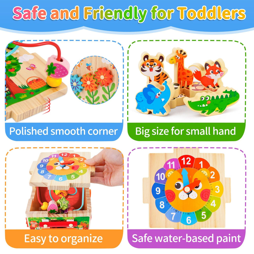 KMTJT wooden activity cube spinning gears invites problem solving and cause-and-effect play.