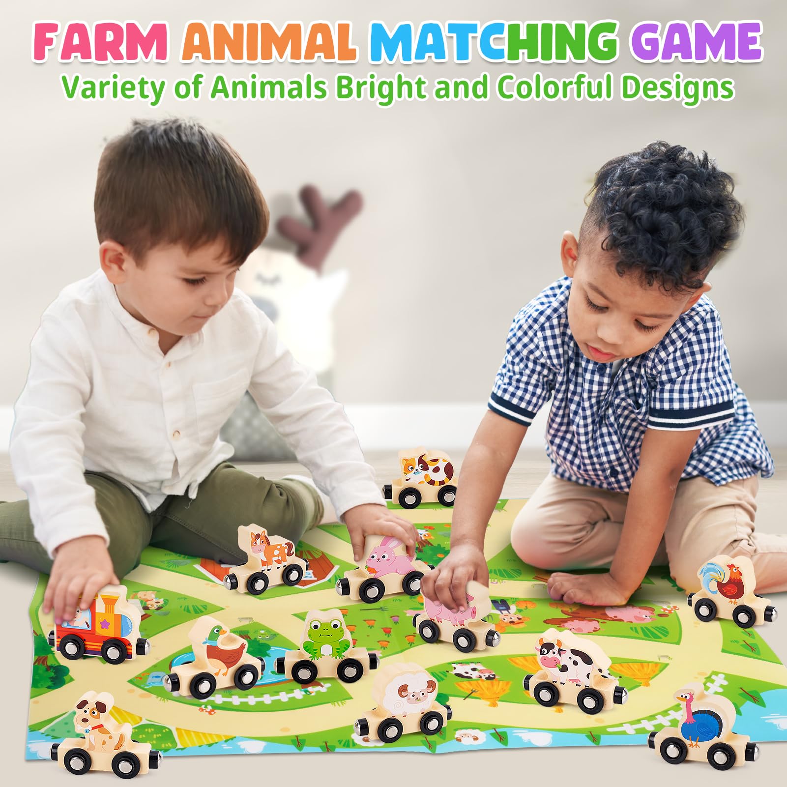 KMTJT wooden animal carriages in bright colors for interactive matching.