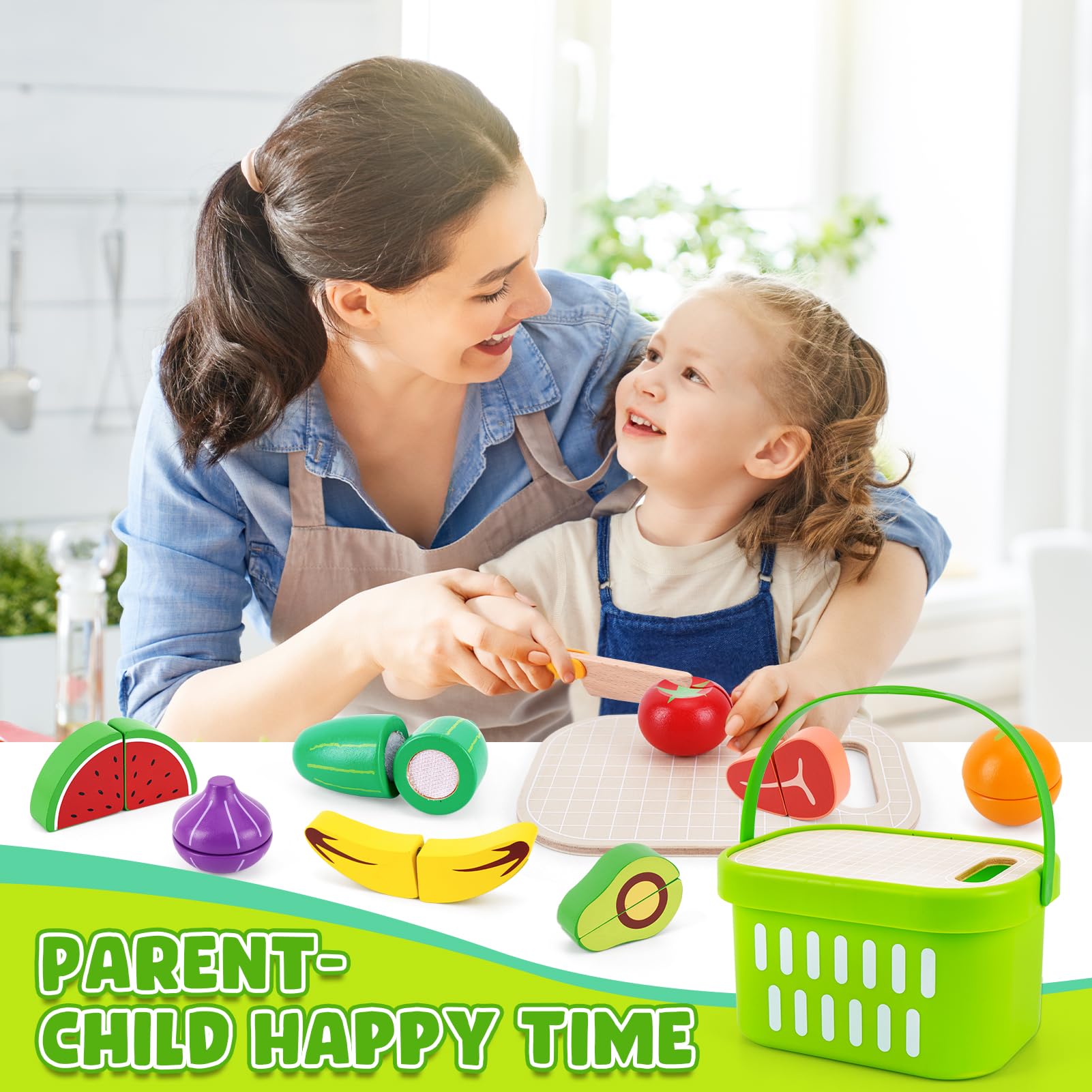 KMTJT wooden cutting board and knife for realistic slicing play.