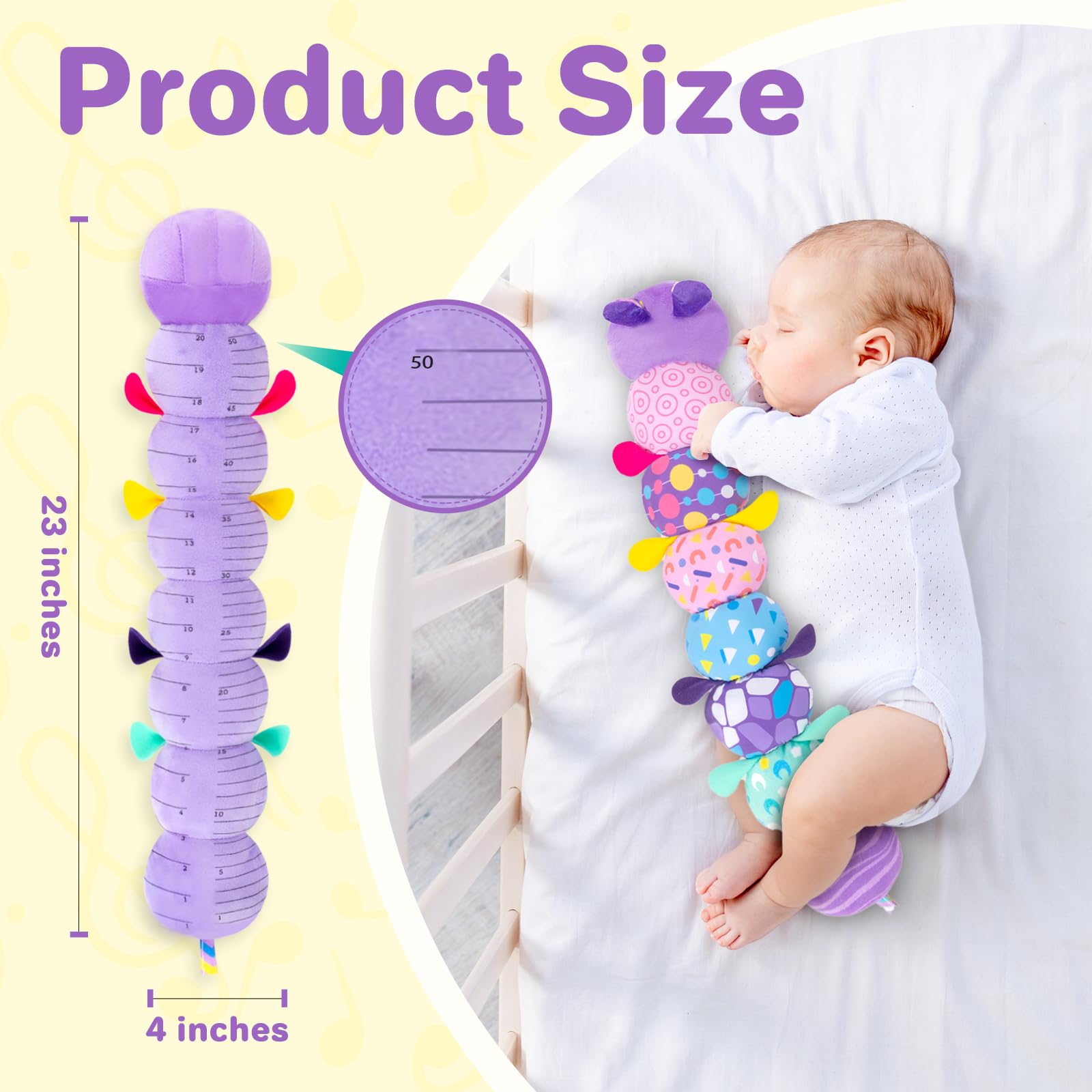 KMUYSL caterpillar plush featuring a tummy ruler for height tracking during play.
