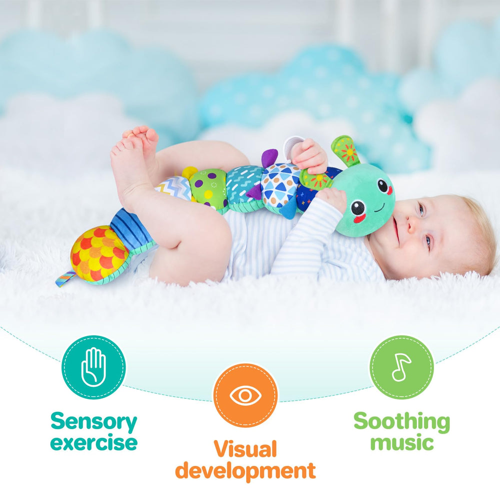 KMUYSL baby toy tummy-time-caterpillar-ruler helps monitor growth while entertaining during tummy time.
