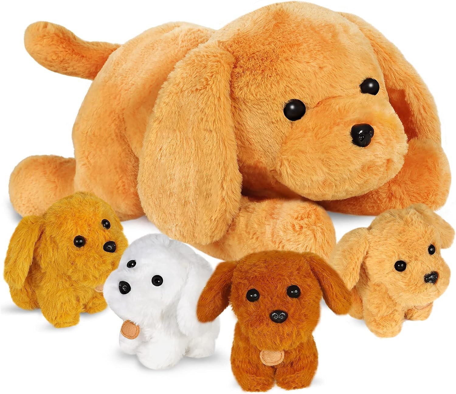 KMUYSL Mommy Dog with four puppies zipper reveal for imaginative play and cuddling.