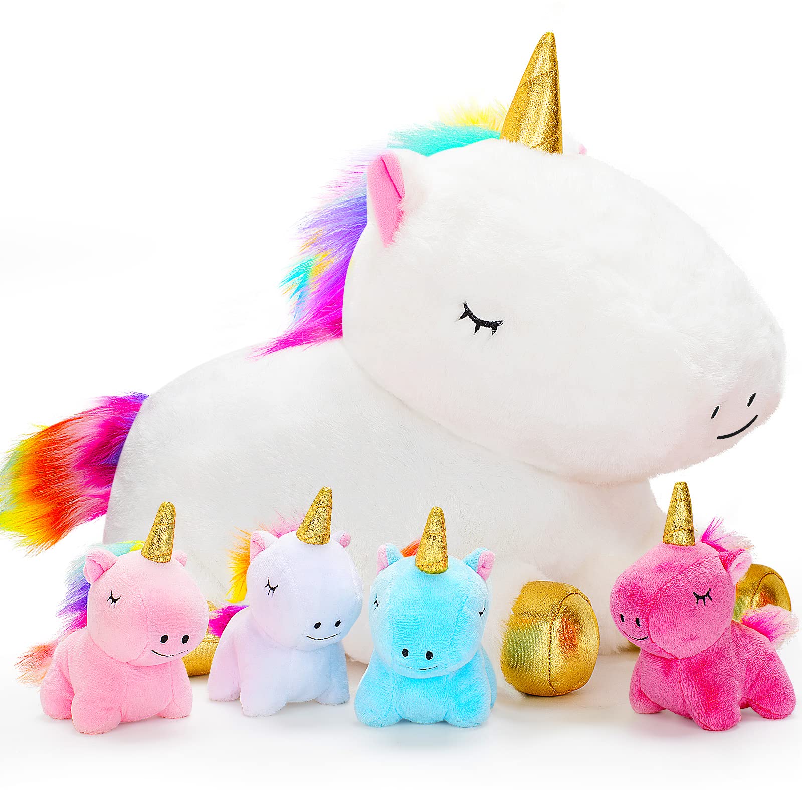 KMUYSL Unicorn Mommy plush set with tummy reveal of four baby unicorns for imaginative play.
