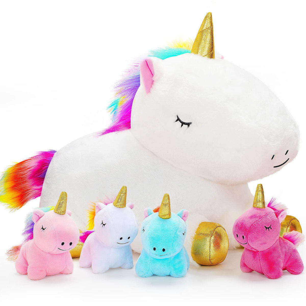 KMUYSL Unicorn Mommy plush set with tummy reveal of four baby unicorns for imaginative play.