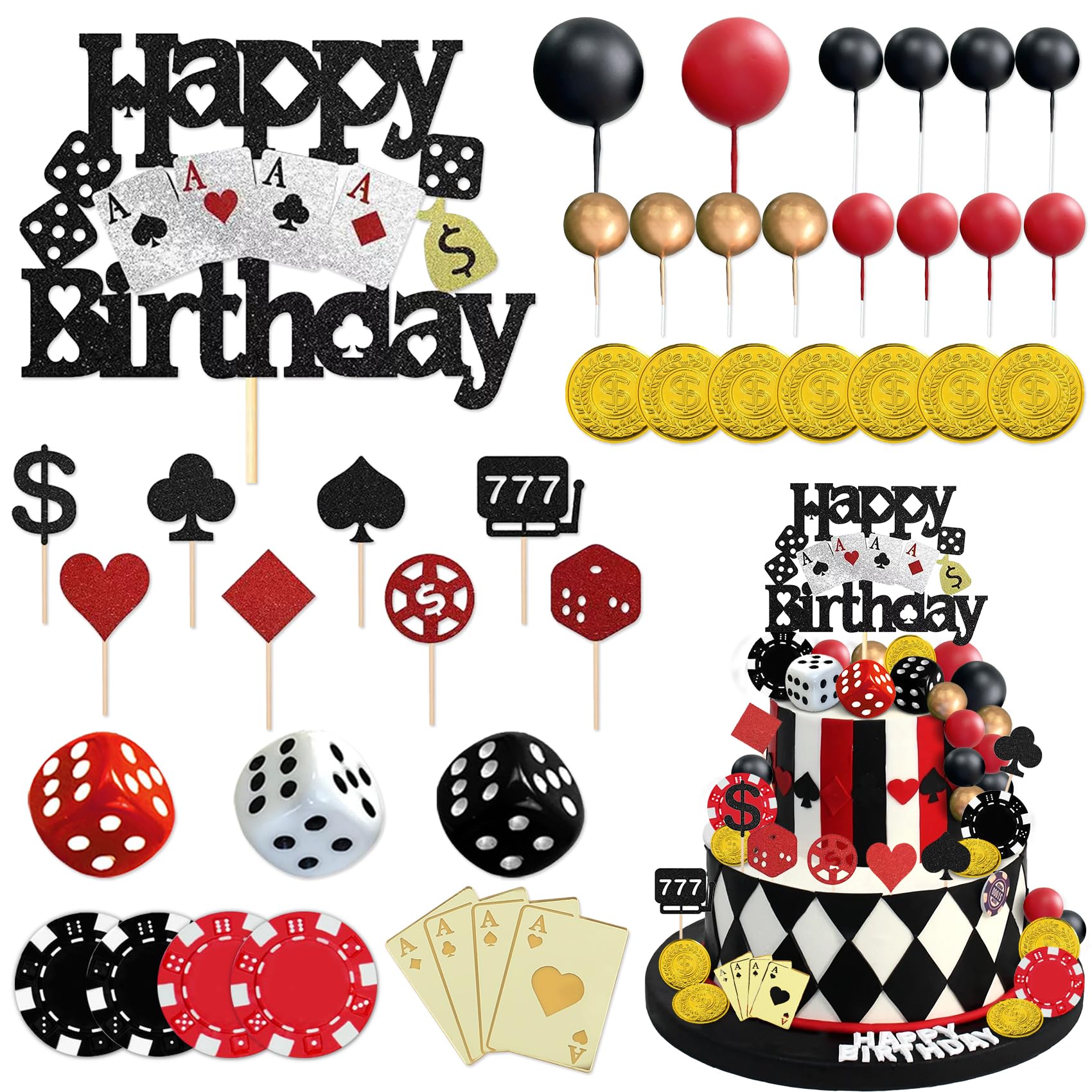 Knana 35Pcs casino cake toppers with dice, chips, and coins for a realistic casino party look.