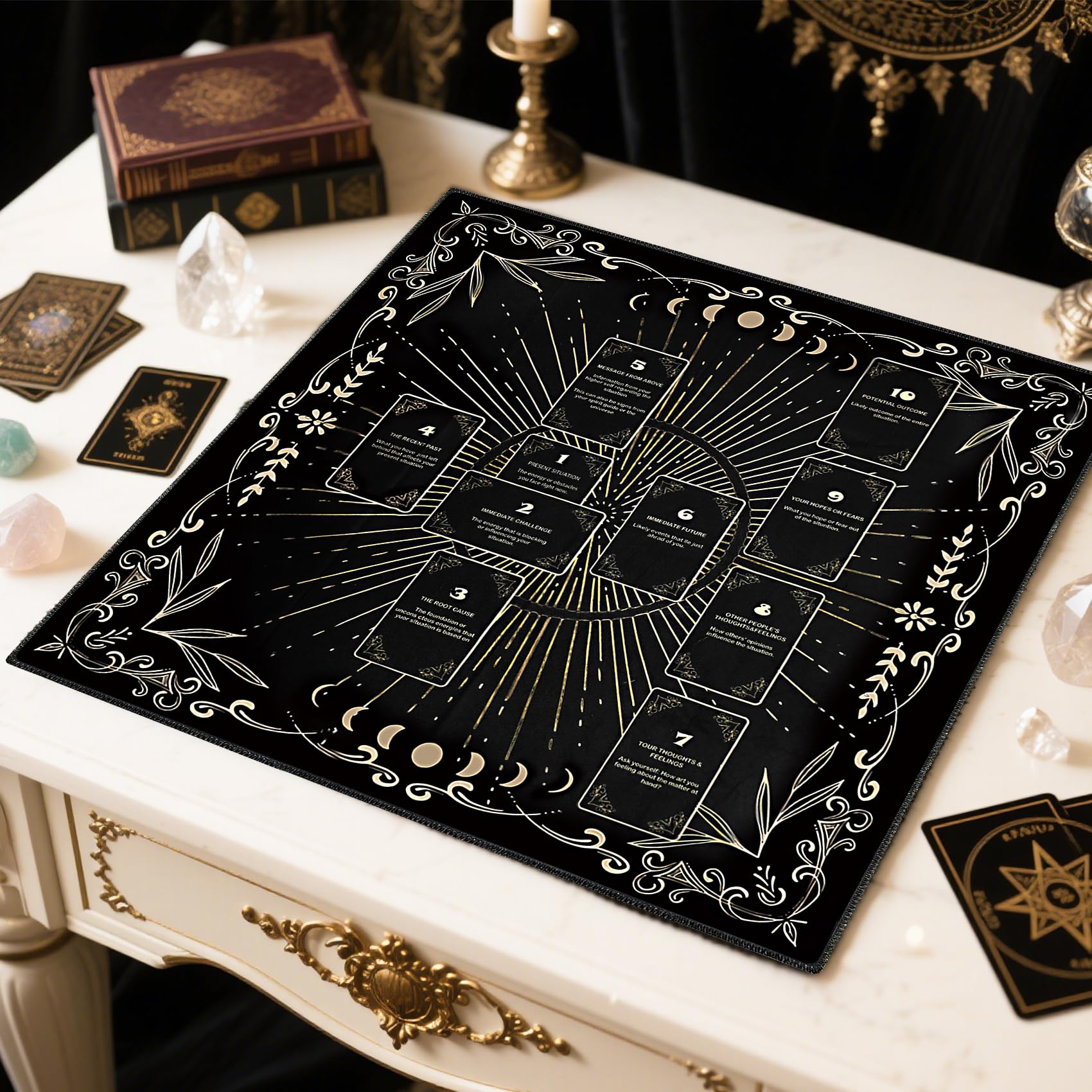 Knana altar cloth shows Celtic cross motif for a mystical reading atmosphere.