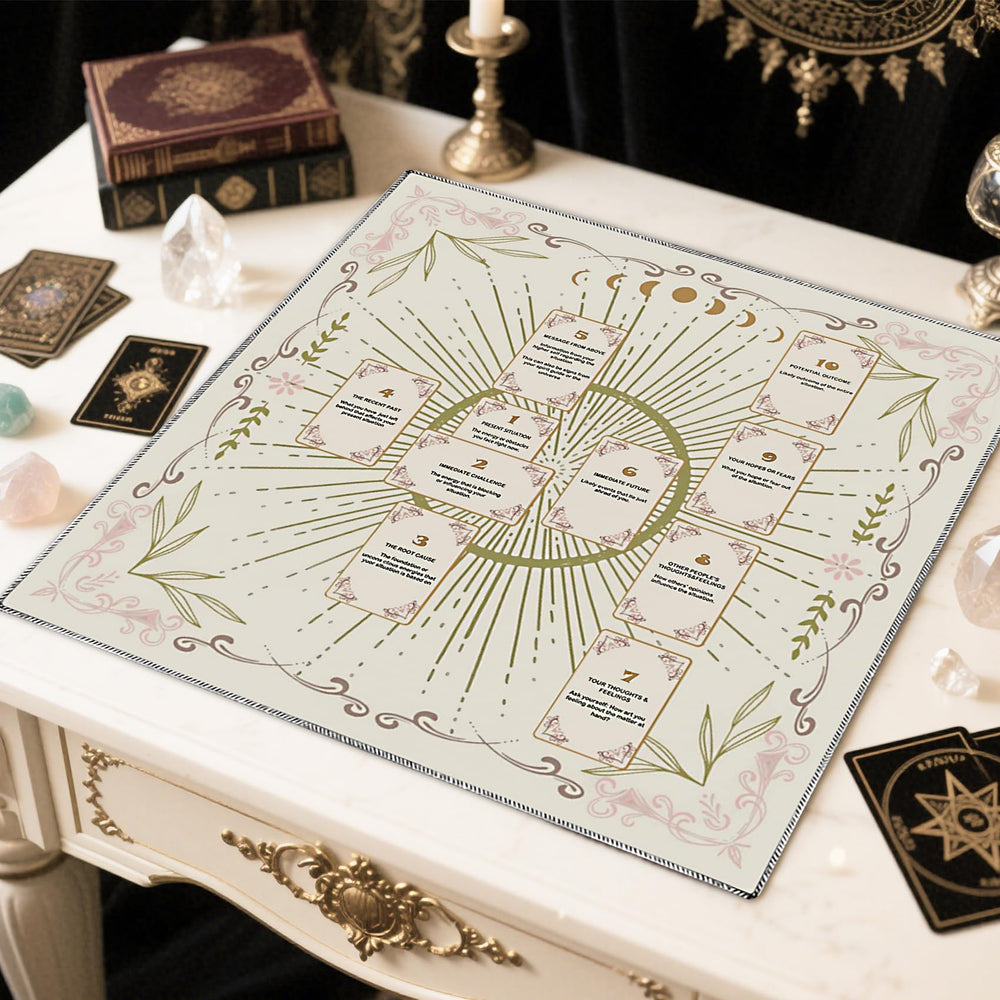 Knana Celtic cross motif tarot mat creates mystical reading backdrop.
