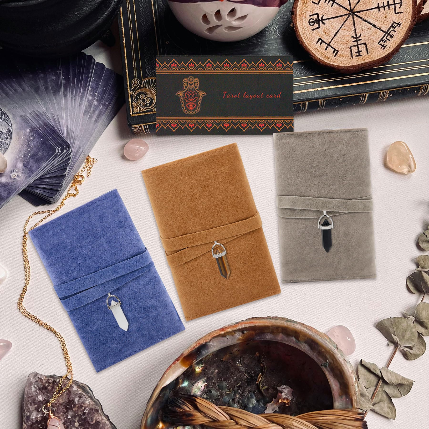 Knana gray velvet tarot bag for discreet card storage.