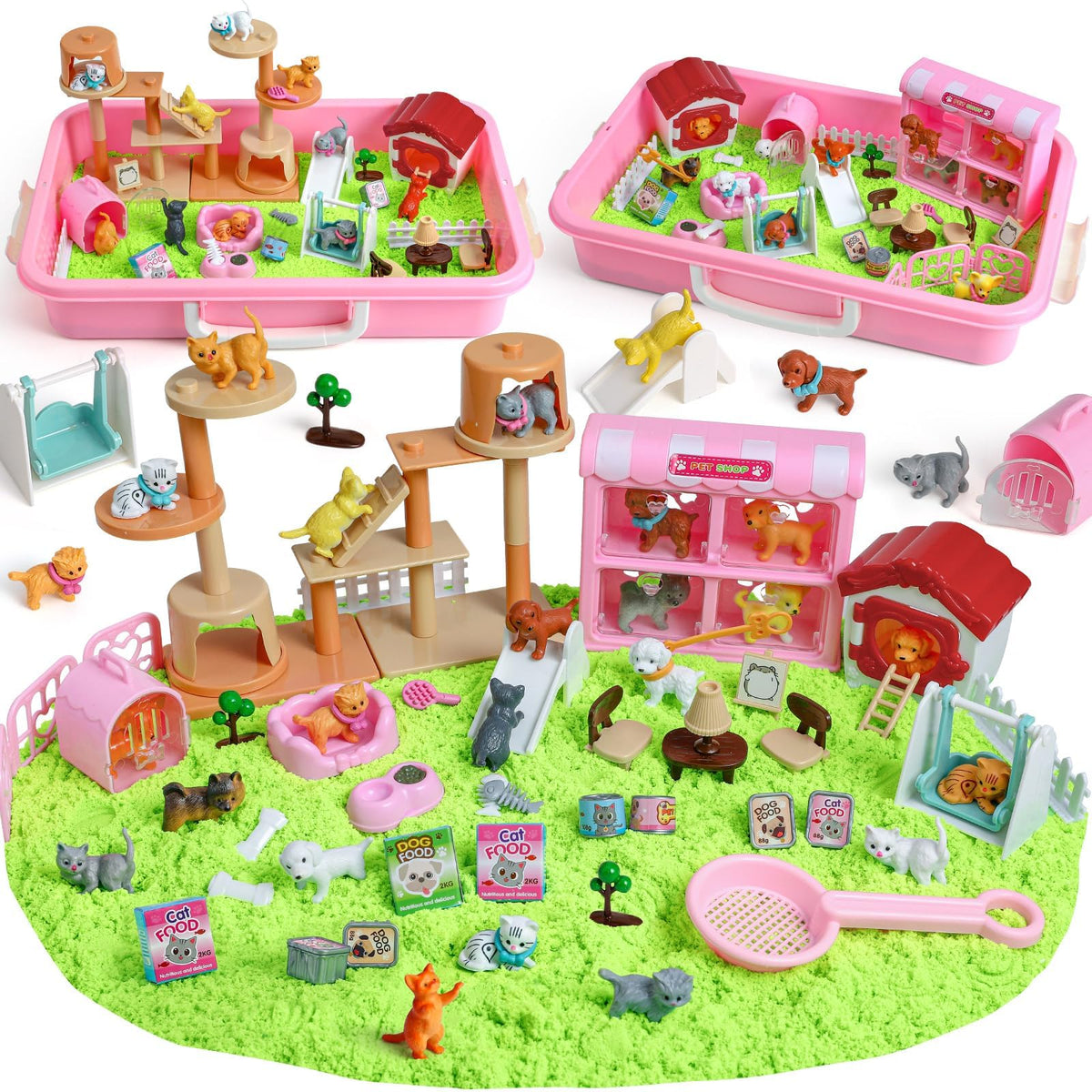 KNASON cat and dog figurines in a sensory bin for imaginative play