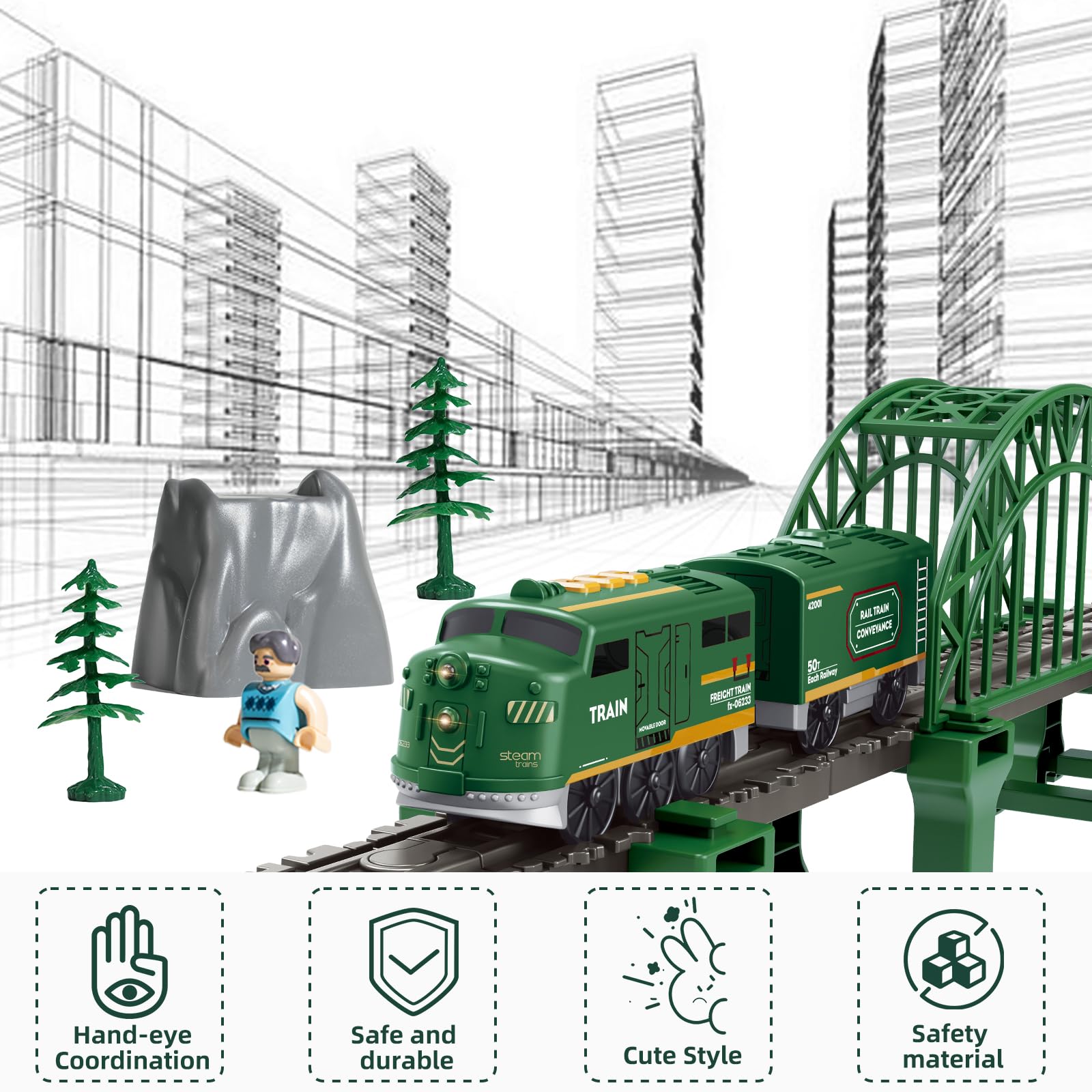 Knnidin 88-piece train tracks and bridge for expandable layouts and hands-on assembly.