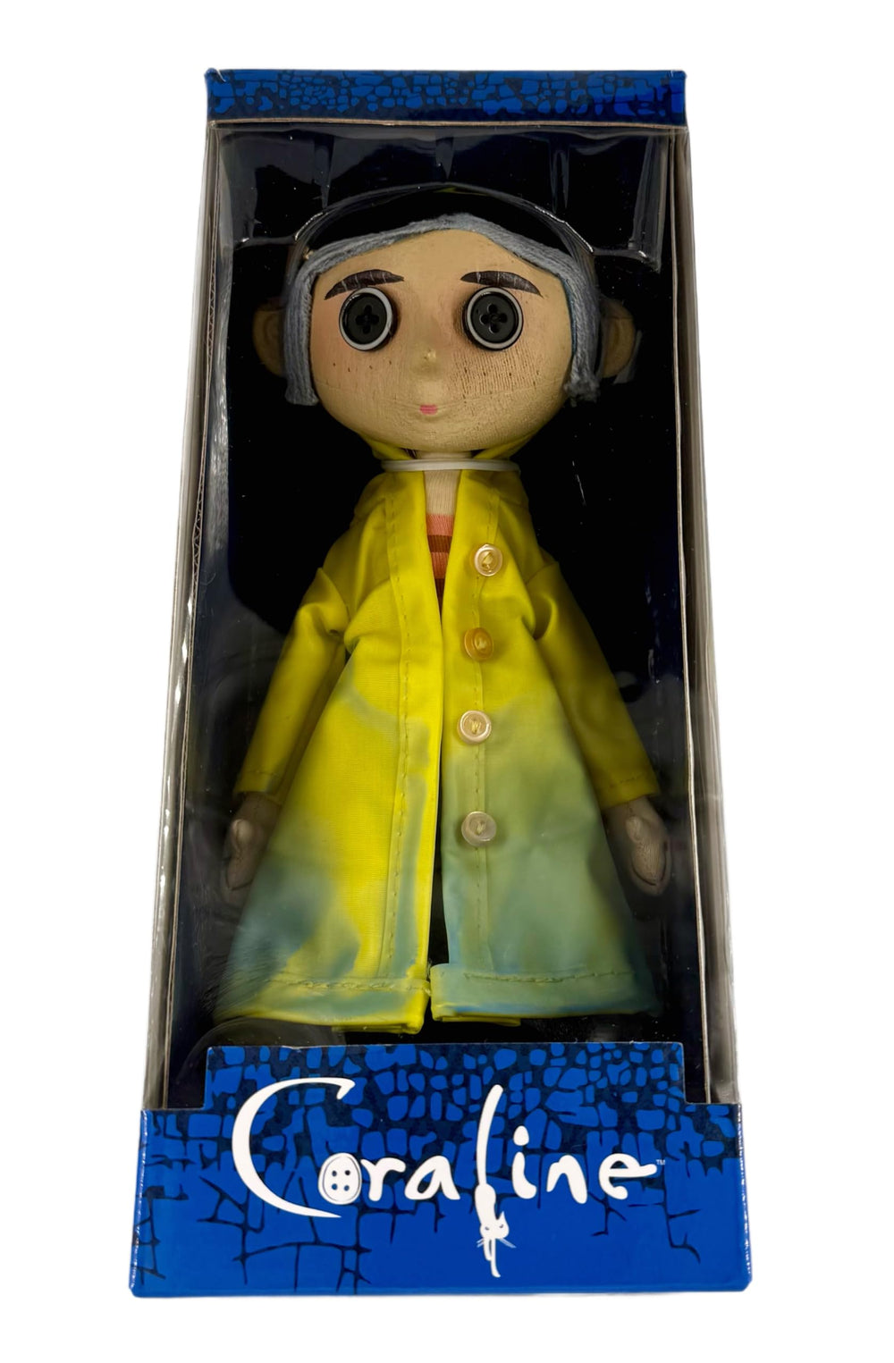 KOBOSY NECA Coraline doll closeup of face and raincoat details.