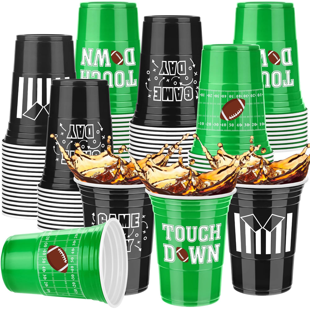 Kochorie football cups 60-pack in green and black designs for party beverages.