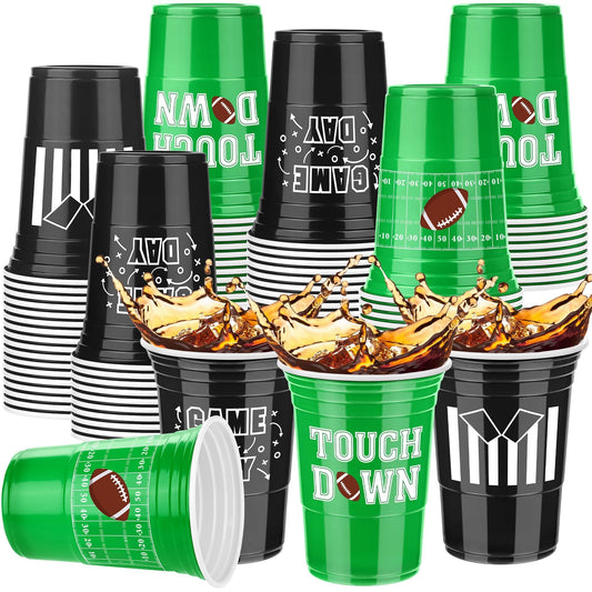 Kochorie football cups 60-pack in green and black designs for party beverages.