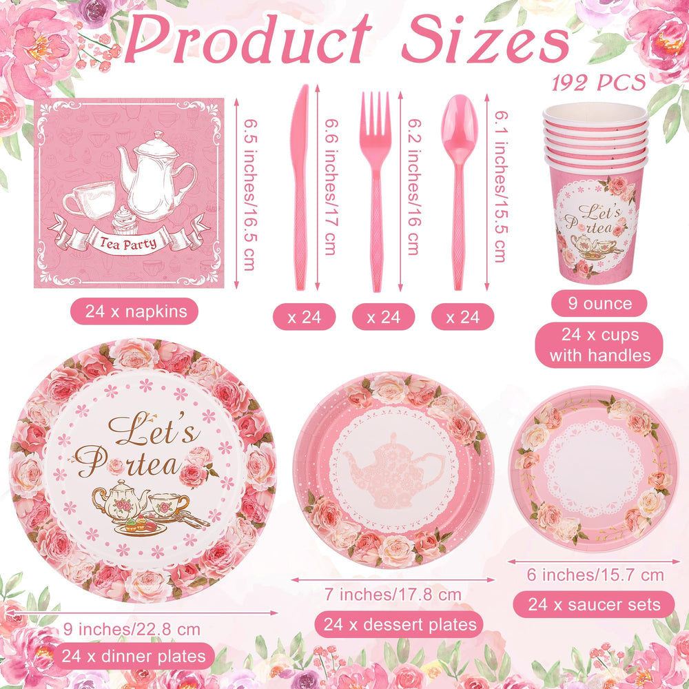 Kochorie tea party plates, cups, and napkins with floral pattern for elegant gatherings.