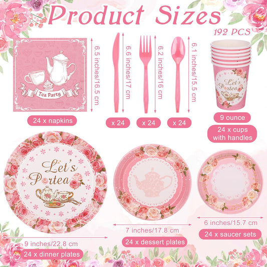 Kochorie tea party plates, cups, and napkins with floral pattern for elegant gatherings.