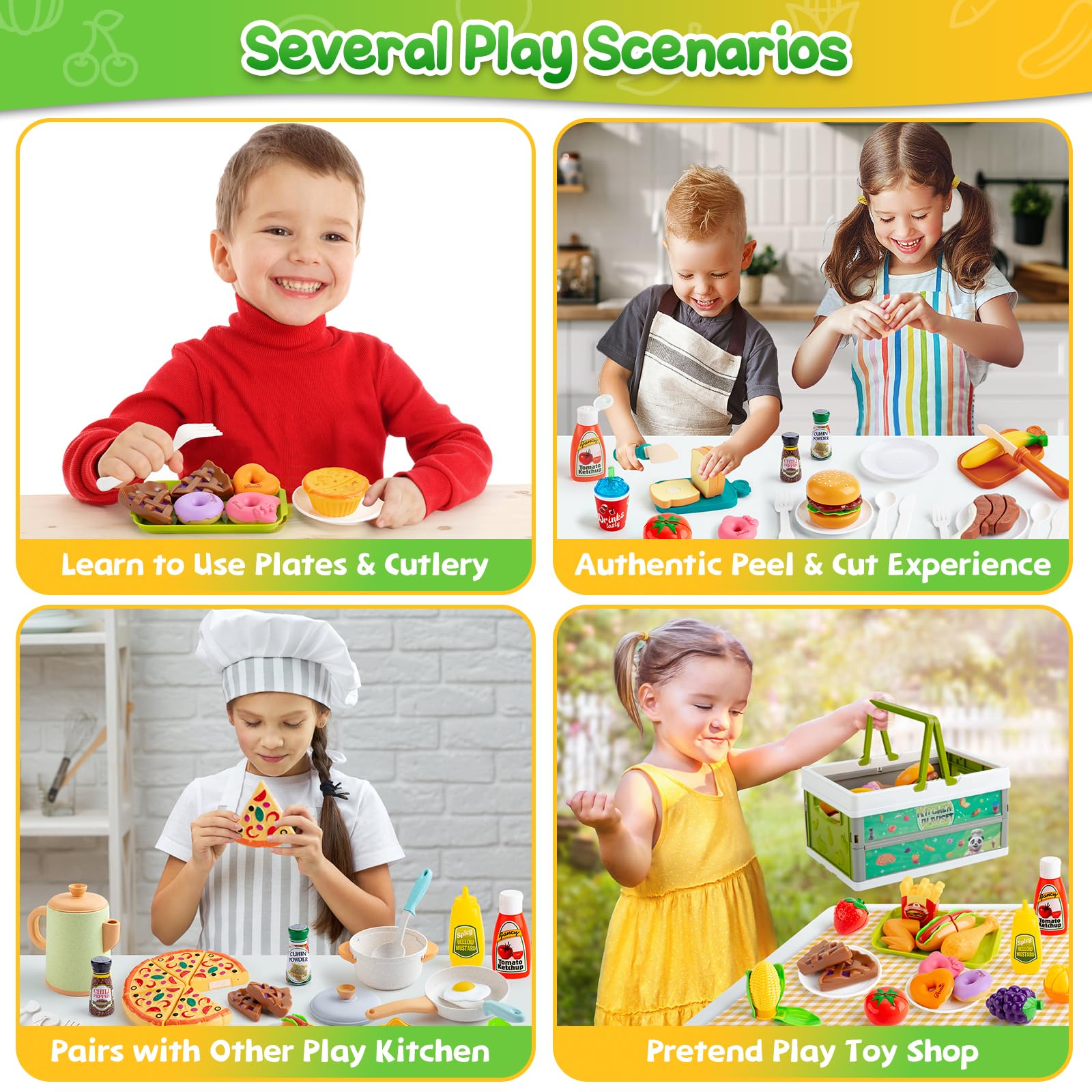 Kodatek storage basket keeps play food organized after meals.
