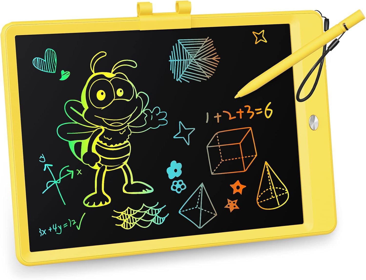 KOKODI 10-inch LCD writing tablet showing colorful strokes for kids drawing on the go