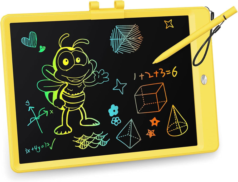 KOKODI 10-inch LCD writing tablet showing colorful strokes for kids drawing on the go