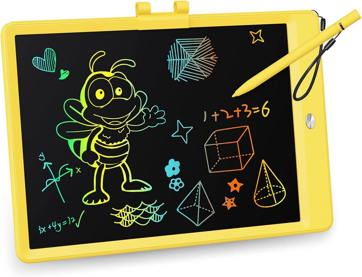 KOKODI 10-inch LCD writing tablet showing colorful strokes for kids drawing on the go