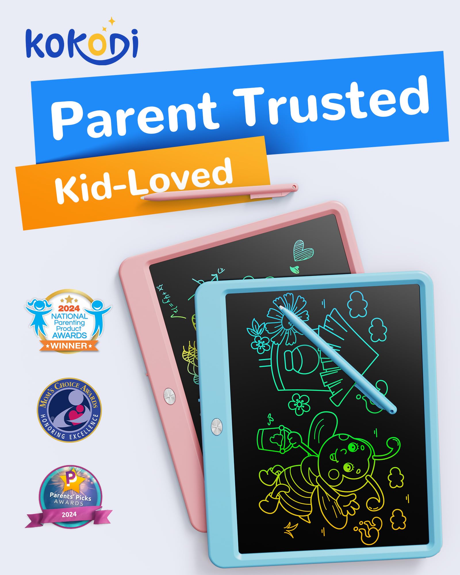 KOKODI LCD Writing Tablet erase button lets kids clear drawings instantly.