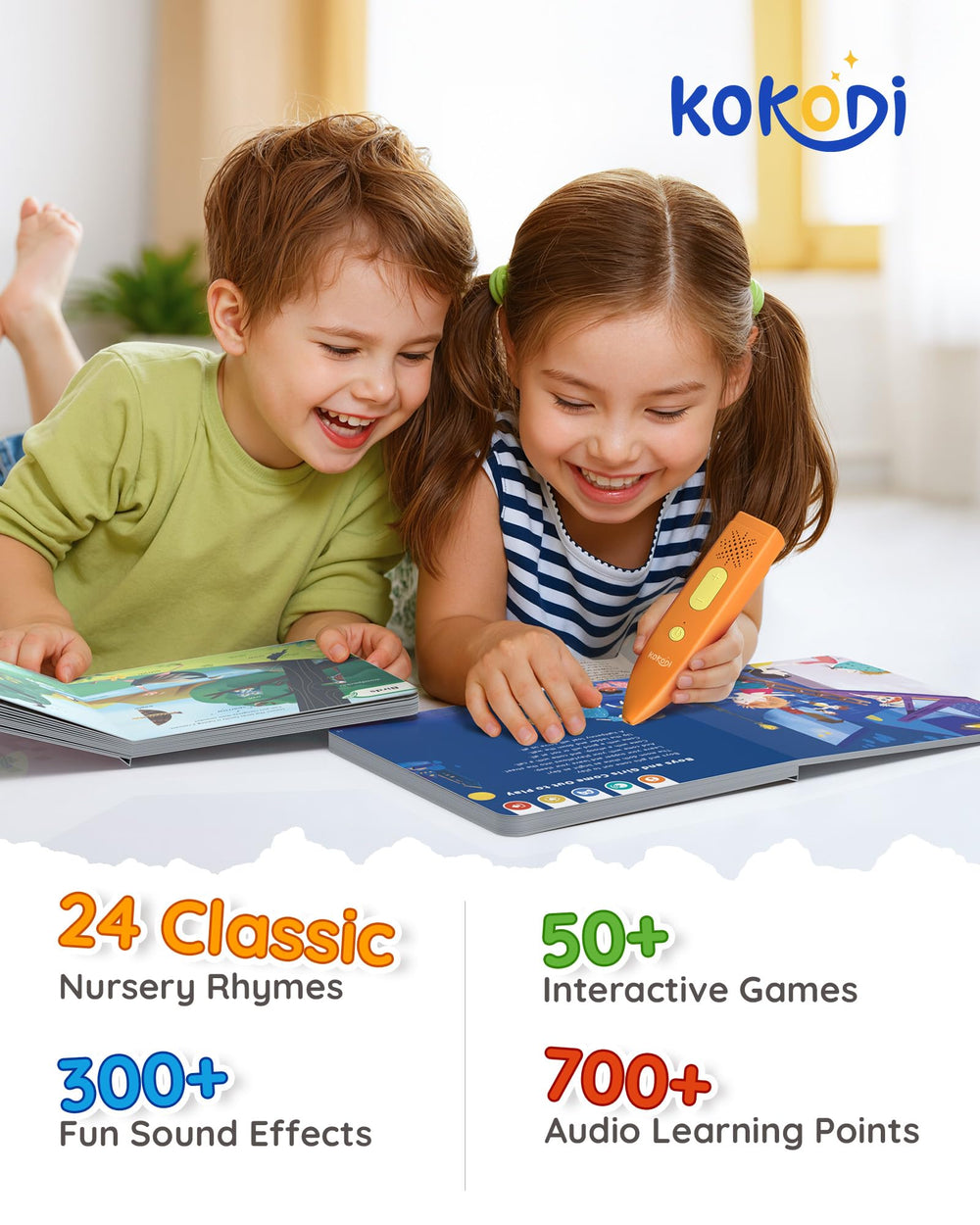 KOKODI reading pen device beside a child, prompting tap-to-read interaction.