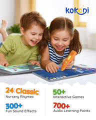 KOKODI reading pen device beside a child, prompting tap-to-read interaction.