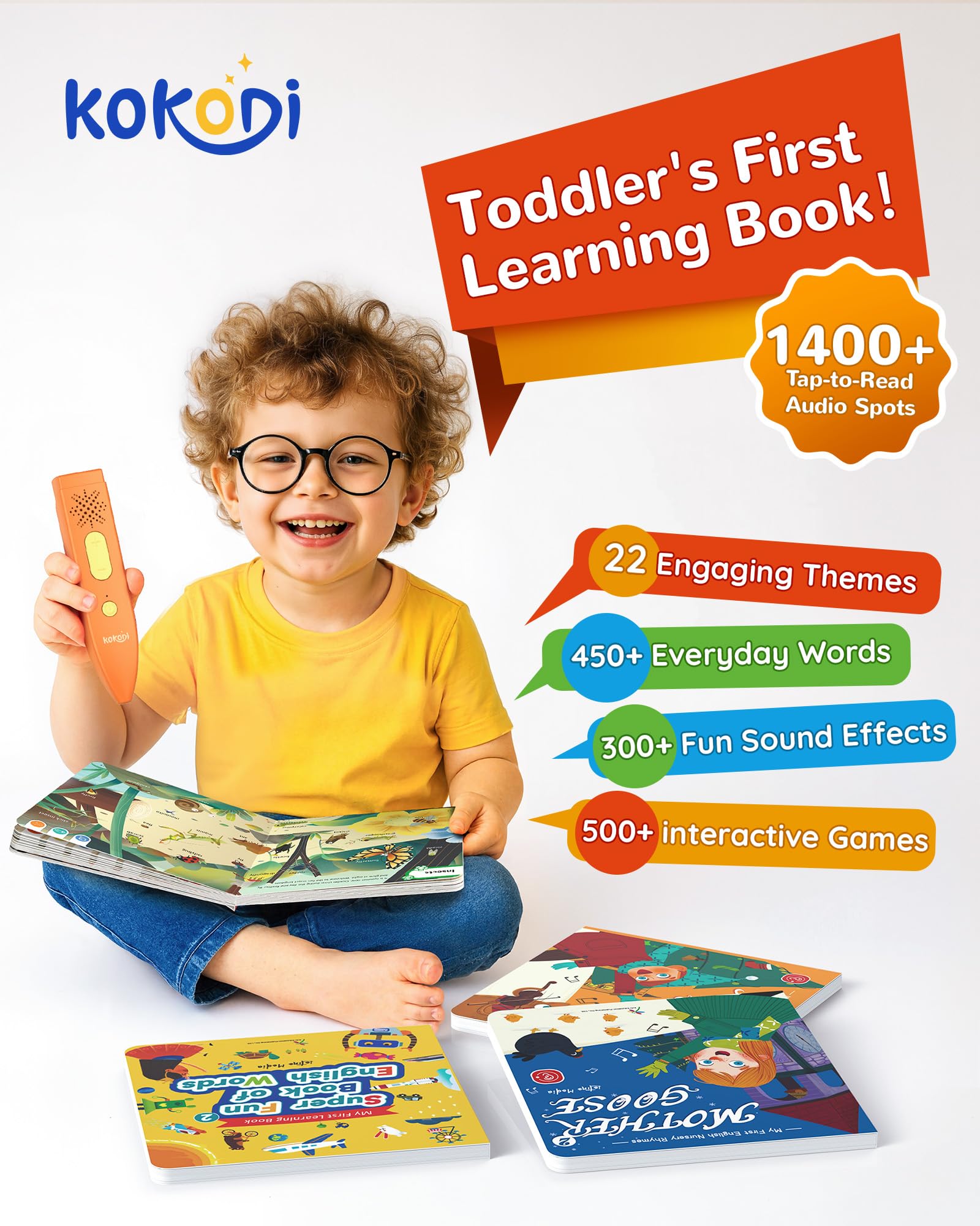 KOKODI vocabulary book open, engaging kids with 450+ words and sounds.