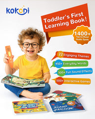 KOKODI vocabulary book open, engaging kids with 450+ words and sounds.