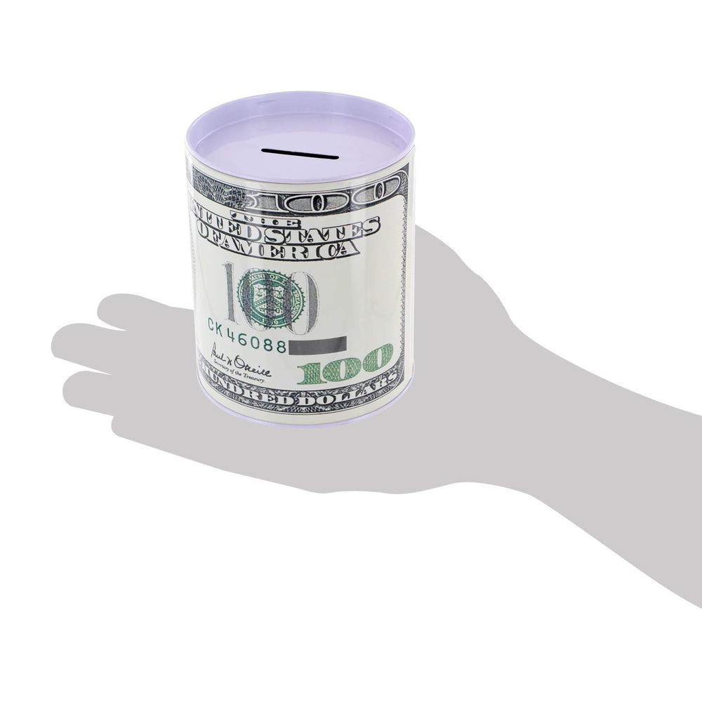Kole Imports money bank close-up shows the $100 bill replica.