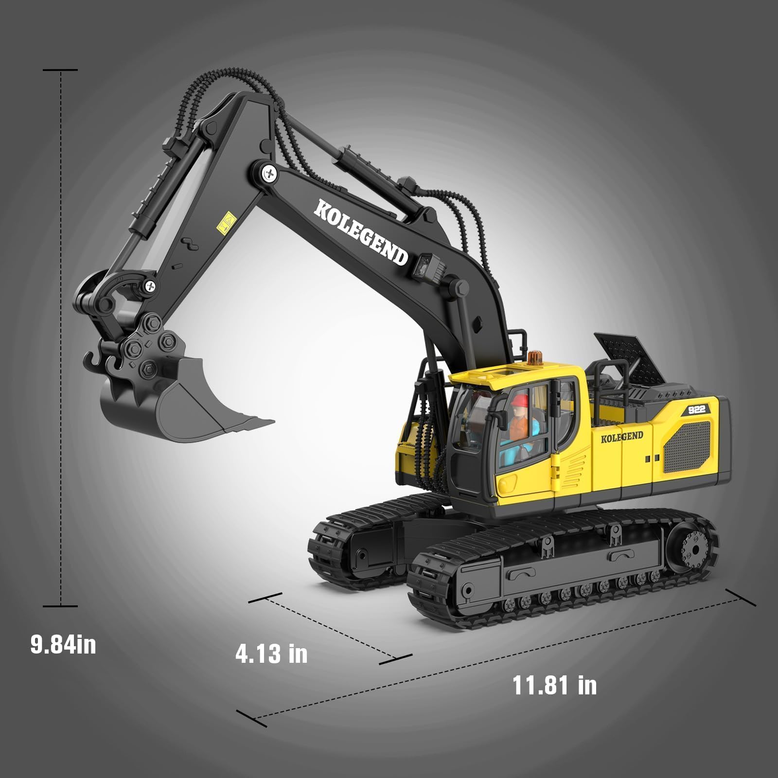 kolegend rc excavator toy packaging and included accessories for easy setup.