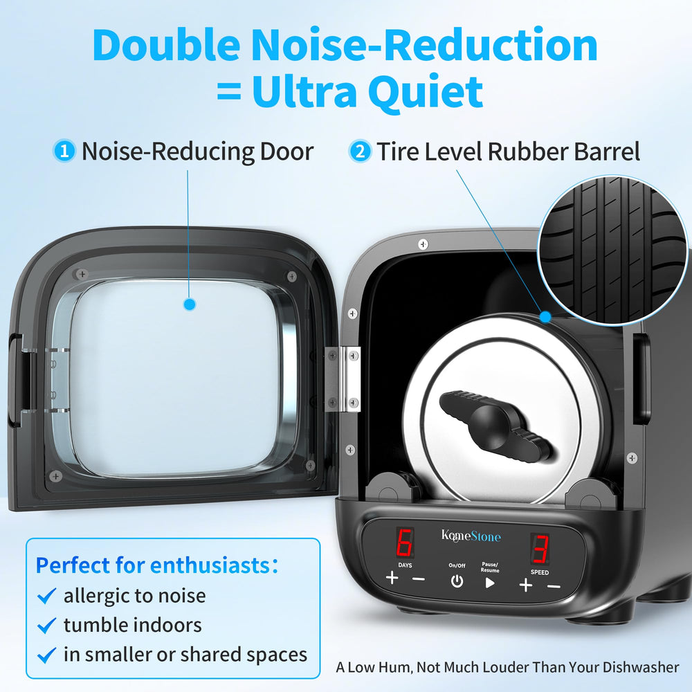 KomeStone K2 Elite tumbler with brushless motor detail for smooth polishing.