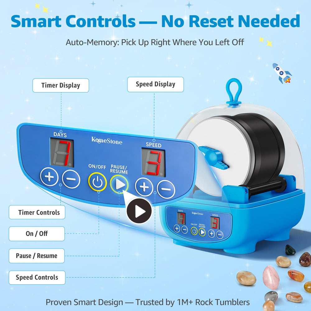 KomeStone K5 three-speed control for adjustable polishing progression.